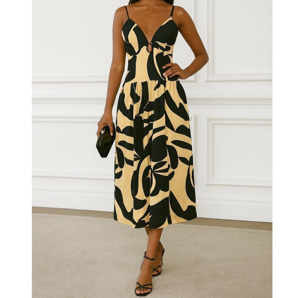 Mon Renn Surreal Black Gold Formal Midi Dress Women's M Abstract Party